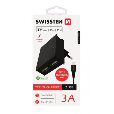 Swissten hálózati gyorstöltő adapter, Smart IC, 2 USB port, 3A, fekete + lightning MFI kábel