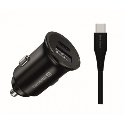 Swissten autós töltő Samsung Super Fast Charging 25W + 1,2 m fekete USB-C/USB-C adatkábel